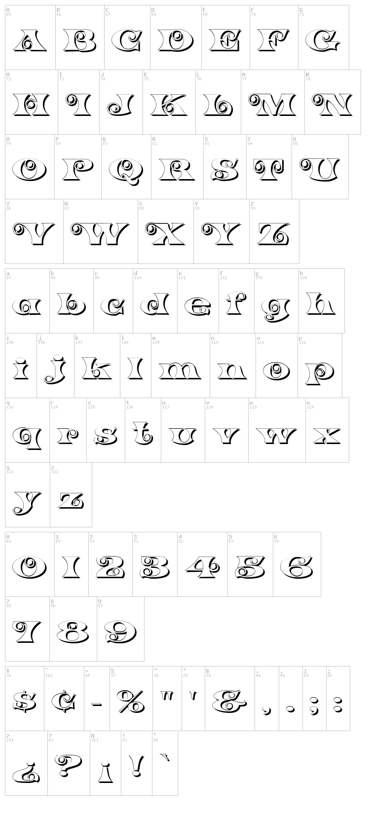 K22 Spiral Swash font map
